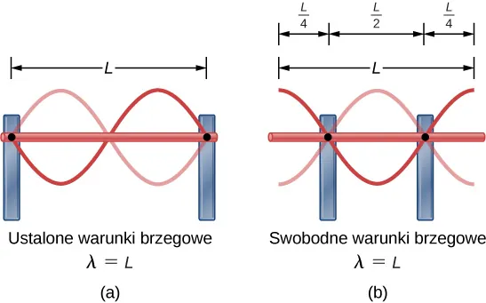 Fale będące w przeciwnych fazach, posiadające węzły na końcach, gdy punkty podparcia są na końcach pręta oraz strzałki, gdy punkty podparcia leżą wzdłuż długości pręta. 