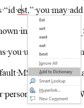 The words “id est” are selected in a document. Open pane in front of the text lists spelling options and Ignore All, Add to Dictionary (selected), Smart Lookup, Hyperlink, and New Comment.