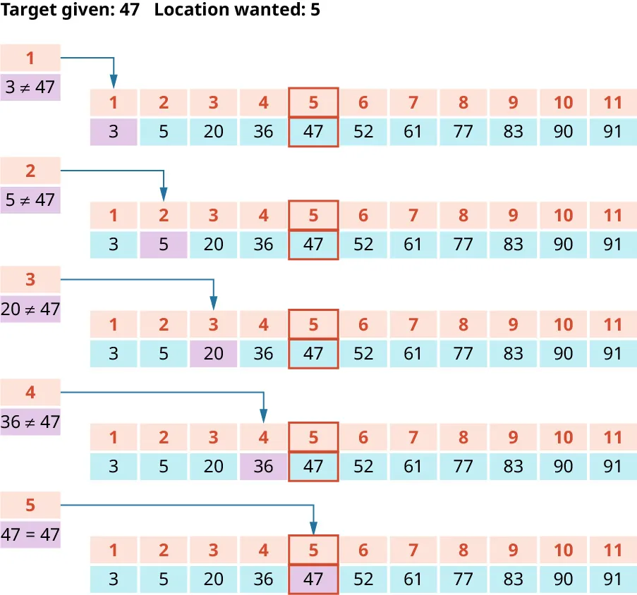 “Target given: 47 Location wanted: 5.” Five tables include index cells labeled 1 to 11 in first row and data cells labeled 3, 5, 20, 36, 47, 52, 61, 77, 83, 90, 91 in second row. The first table label is “1,” “3 does not equal 47.” Column with 5 and 47 are boxed. An arrow points to the column of 1, 3. The second table label is “2,” “5 does not equal 47.” Column with 5 and 47 are boxed. An arrow points to the column of 2, 5. The third table label is “3,” “20 does not equal 47.” Column with 5 and 47 are boxed. An arrow points to the column of 3, 20. The fourth table label is “4,” “36 does not equal 47.” Column with 5 and 47 are boxed. An arrow points to the column of 4, 36. The fifth table label is “5,” “47 equals 47.” Column with 5 and 47 are boxed. An arrow points to the column of 5, 47.