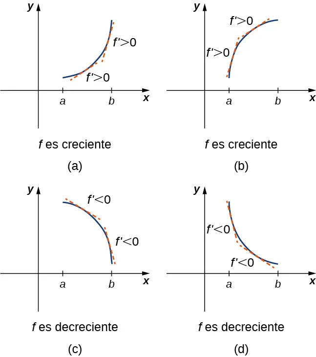 Esta figura se divide en cuatro figuras marcadas como a, b, c y d. La figura a muestra una función que aumenta convexamente desde (a, f(a)) hasta (b, f(b)). En dos puntos se toma la derivada y se observa que en ambos f' > 0. En otras palabras, f es creciente. La figura b muestra una función que aumenta cóncavamente desde (a, f(a)) hasta (b, f(b)). En dos puntos se toma la derivada y se observa que en ambos f' > 0. En otras palabras, f es creciente. La figura c muestra una función que decrece cóncavamente desde (a, f(a)) hasta (b, f(b)). En dos puntos se toma la derivada y se observa que en ambos f' < 0. En otras palabras, f es decreciente. La figura d muestra una función que decrece convexamente desde (a, f(a)) hasta (b, f(b)). En dos puntos se toma la derivada y se observa que en ambos f' < 0. En otras palabras, f es decreciente.