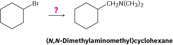 Conversion of bromocyclohexane to (N, N-dimethylaminomethyl)cyclohexane using unknown reagents depicted by a question mark. The bromine in cyclohexane is replaced by an N, N-dimethyl amine group in the product.