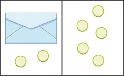 The image is divided in half vertically. On the left side is an envelope with 2 counters below it. On the right side is 5 counters.