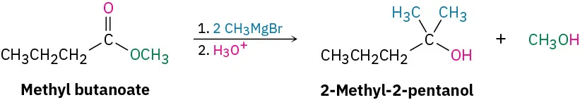 Methyl butanoate reacts with two equivalents of methyl magnesium bromide, then hydronium ion to form 2-methyl-2-pentanol and methanol.