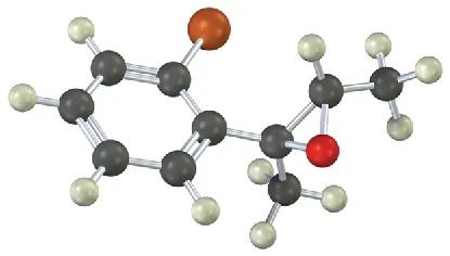 The ball-and-stick model of the compound in which a six-membered cyclic ring is bonded with an epoxide ring. It has an alkene structure with a carbonyl group.