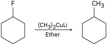 Fluorocyclohexane reacts with lithium dimethylcopper to form toluene.
