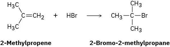 2-methylpropene reacts with hydrogen bromide to form 2-bromo-2-methylpropane.