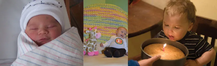 A collage of four photographs depicting babies is shown. From left to right they get progressively older. The far left photograph is a bundled up sleeping newborn. To the right is a picture of a toddler next to a toy giraffe. To the far right is a baby blowing out a single candle.