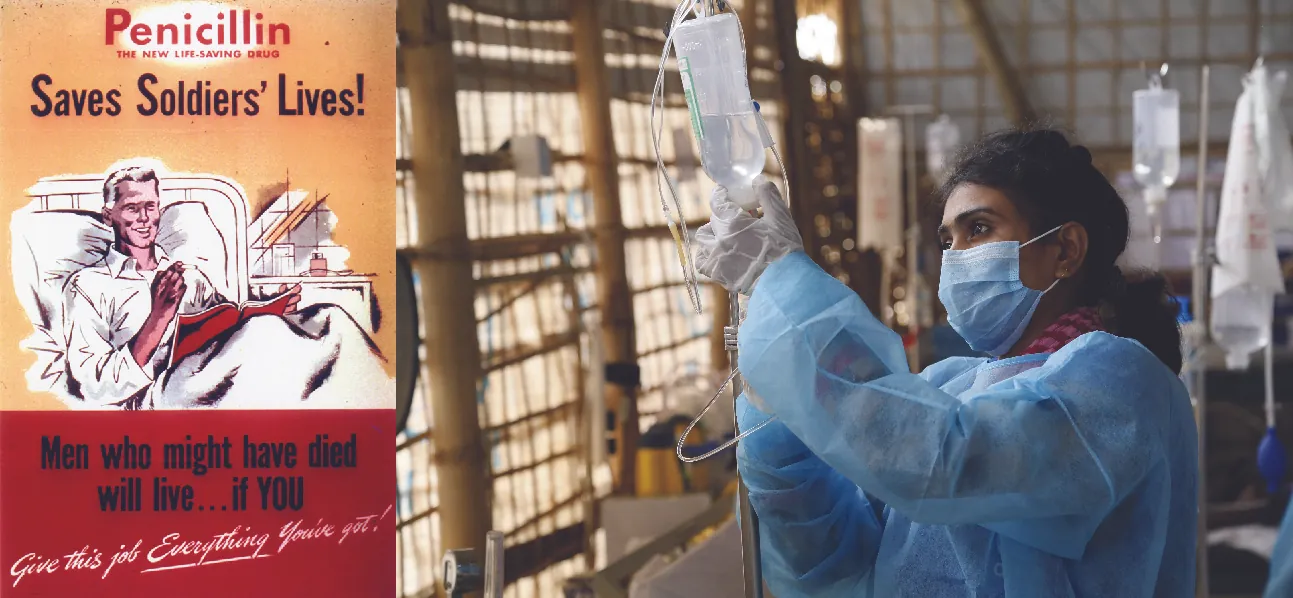 Old poster stating: Penicillin  - The new life saving drug saves soldier’s lives! Men who might have died will live if you give this job everything you’ve got. A person wearing personal protective gear sets up an intravenous bag full of fluid.