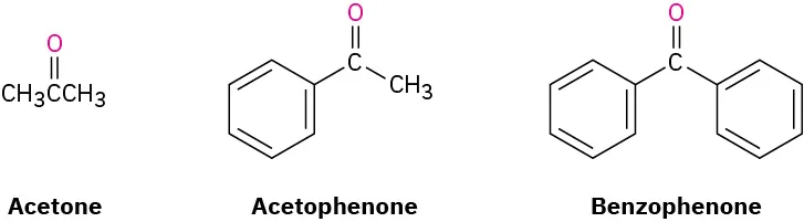 The structures of acetone (carbonyl with two methyls), acetophenone (carbonyl with methyl and phenyl), and benzophenone (carbonyl with two phenyls).