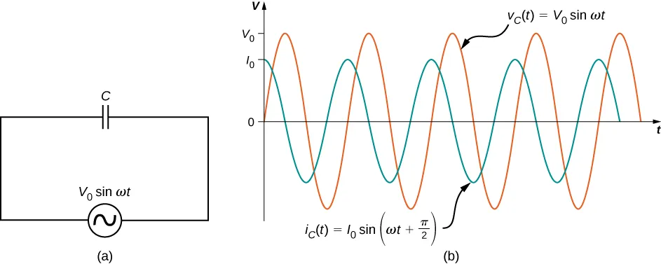 Figure a shows a circuit with an AC voltage source connected to a capacitor. The source is labeled V0 sine omega t. Figure b shows sine waves of AC voltage and current on the same graph. Voltage has a greater amplitude than current and its maximum value is marked V0 on the y axis. The maximum value of current is marked I0. The two curves have the same wavelength but are out of phase by one quarter wavelength. The voltage curve is labeled V subscript C parentheses t parentheses equal to V0 sine omega t. The current curve is labeled I subscript C parentheses t parentheses equal to I0 sine parentheses omega t plus pi by 2 parentheses.