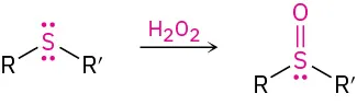 Sulfide reacts with hydrogen peroxide to form a product in which sulfur is double-bonded to an oxygen atom and singly bonded with R and R dash groups.