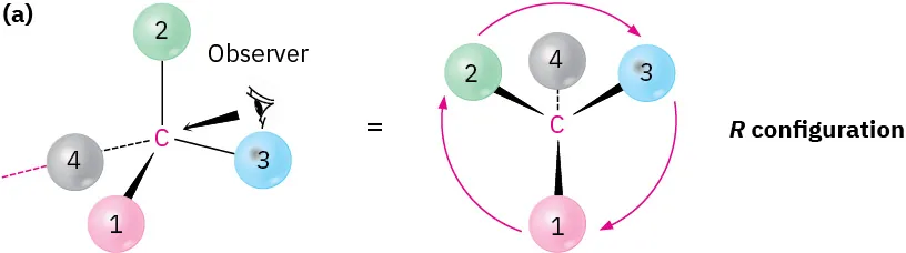 A carbon is single bonded to substituents 2 and 3, wedge bonded to 1, and dash bonded to 4. To the right, the substituents are arranged in R configuration.