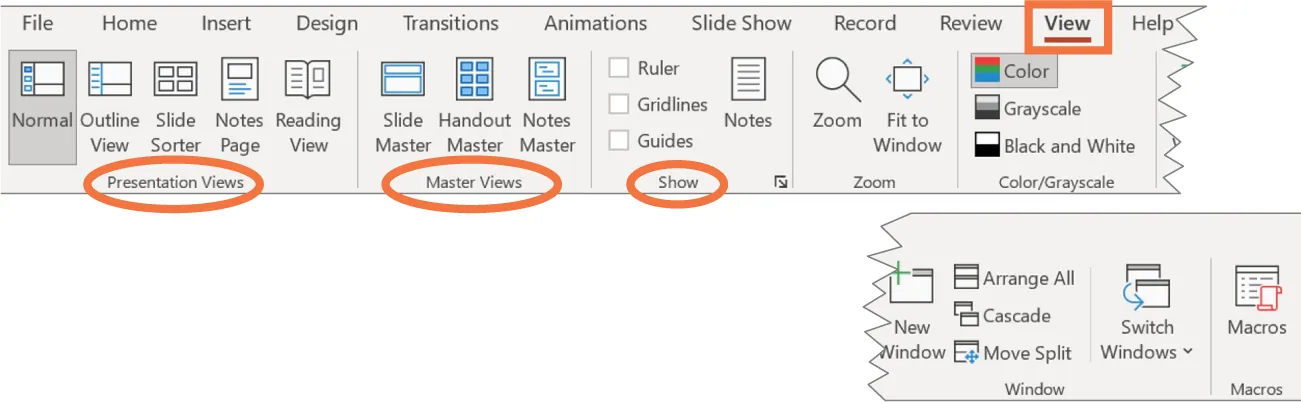 Screenshot of View tab with Presentation Views (Normal, Outline View, Slide Sorter, Notes Page, Reading View), Master Views (Slide Master, Handout Master, Notes Master), and Show (Ruler, Gridlines, Guides, Notes) command groups highlighted.
