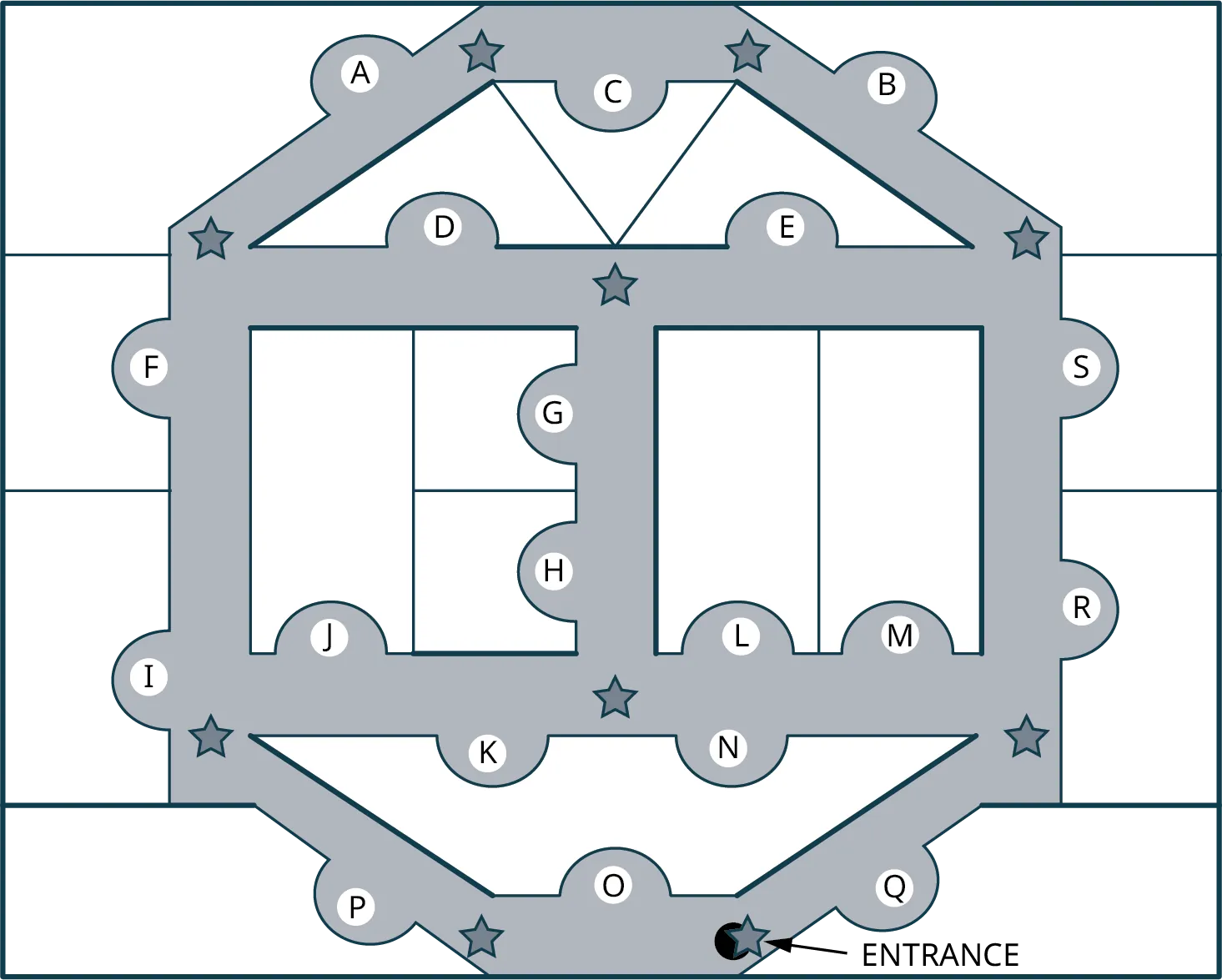 A map of aquarium exhibits. The vertices are labeled A to S. The entrance is at the bottom.