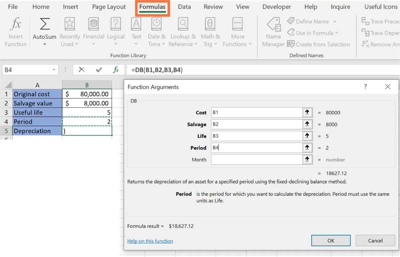 Function Arguments pane displays DB options: Cost (B1 = 80000), Salvage (B2 = 8000), Life (B3 = 5), Period (B4 = 2), Month. Formula result = $18,627.12. Spreadsheet visible in background.