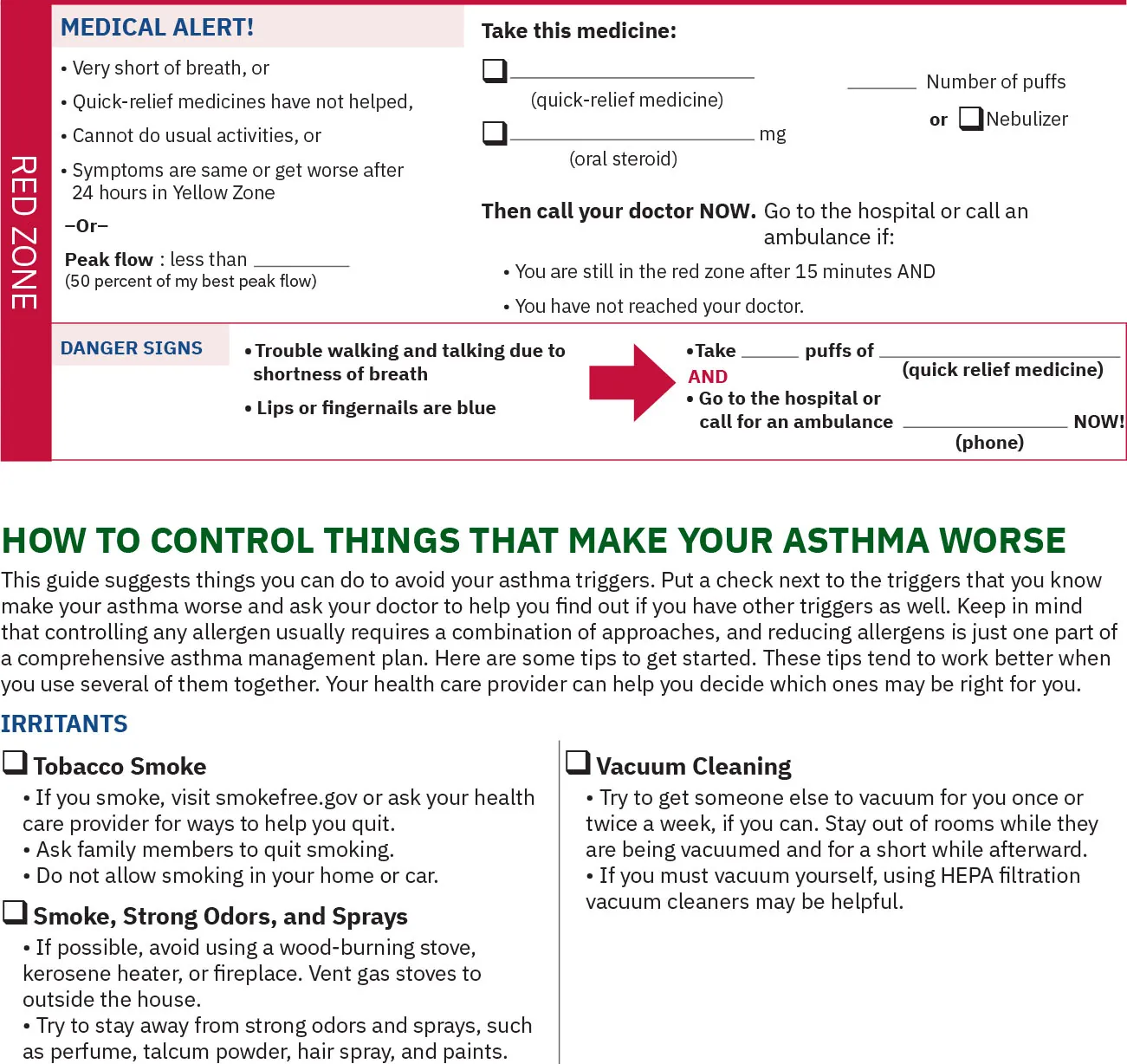 Asthma Action Plan form, showing red zone labeled medical alert!