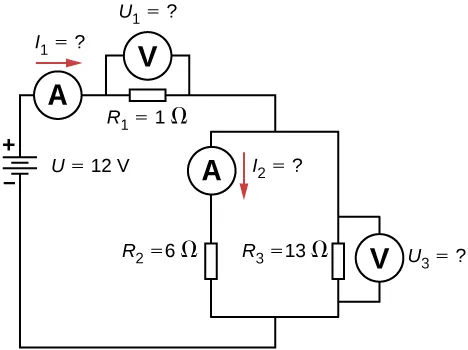 Obwód przedstawia dodatni zacisk 12 V źródła napięcia V połączony z amperomierzem połączonym z opornikiem R ze znakiem 1 o wartości 1 Ω i w poprzek woltomierz z dwiema równoległymi gałęziami. Pierwsza gałąź ma amperomierz przyłączony do opornika R ze znakiem 2 o wartości 6 Ω, a druga gałąź ma opornik R ze znakiem 3 o wartości 13 Ω i woltomierz w poprzek. 