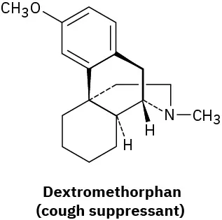 The wedge-dash structure of dextromethorphan (cough suppressant).