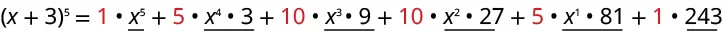 A mathematical equation illustrating the binomial expansion of (x + 3)^5. The expansion shows coefficients (1, 5, 10, 10, 5, 1) in red, multiplied by decreasing powers of 'x' and increasing powers of '3'.