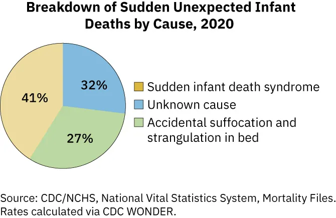 Pie Chart displaying Breakdown of Sudden Unexpected Infant Deaths by Cause (2020). 41%: Sudden infant death syndrome; 27%: Accidental suffocation and strangulation in bed; 32%: Unknown Cause.