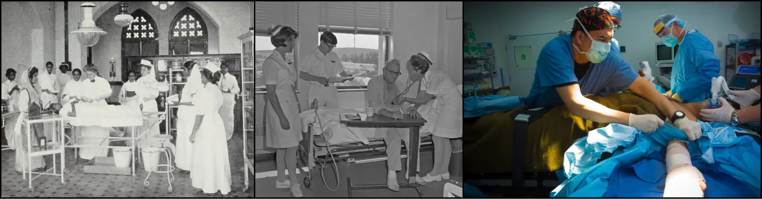 A collage of three photographs is shown. Each photograph shows nurses in a medical setting at different times in history, with the oldest photograph on the left and the most recent on the right.