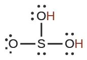 Lewis structure of sulfuric acid (H2SO4), showing the central sulfur atom bonded to two hydroxyl groups and one oxygen, along with lone pairs of electrons.