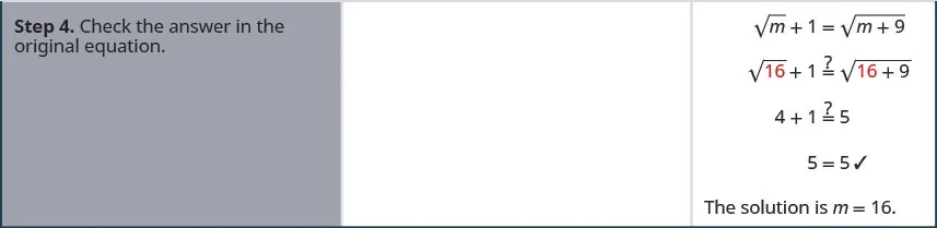 Step 4 is to check the answer in the original equation. Does the square root of 16 plus 1 equal the square root of the quantity 16 plus 9? Simplifying both sides we get 4 plus 1 equals 5. This verifies that the solution is m equals 16.
