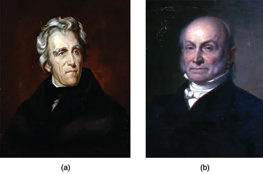Two portraits depict Andrew Jackson (a) and John Quincy Adams (b).