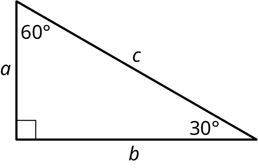 A right triangle. The legs are labeled a and b. The hypotenuse is labeled c. The angles at the top, bottom-left, and bottom-right are labeled 60 degrees, 90 degrees, and 30 degrees.