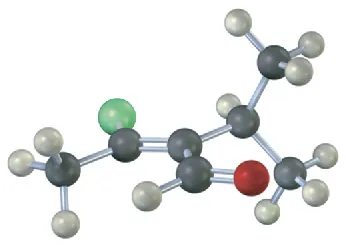 The ball-and-stick model has a 2-carbon chain with double bond. C1 is bonded to chlorine and methyl. C2 is bonded to an aldehyde and an isopropyl group.
