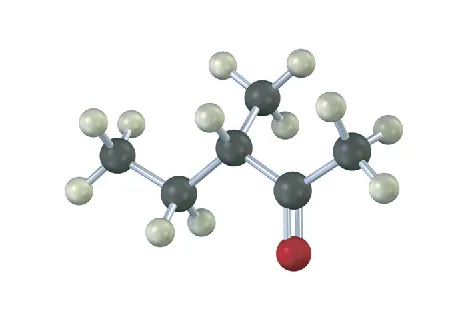 A ball-and-stick model of a five-carbon chain with keto group on C 2, and C 3 has a methyl group.