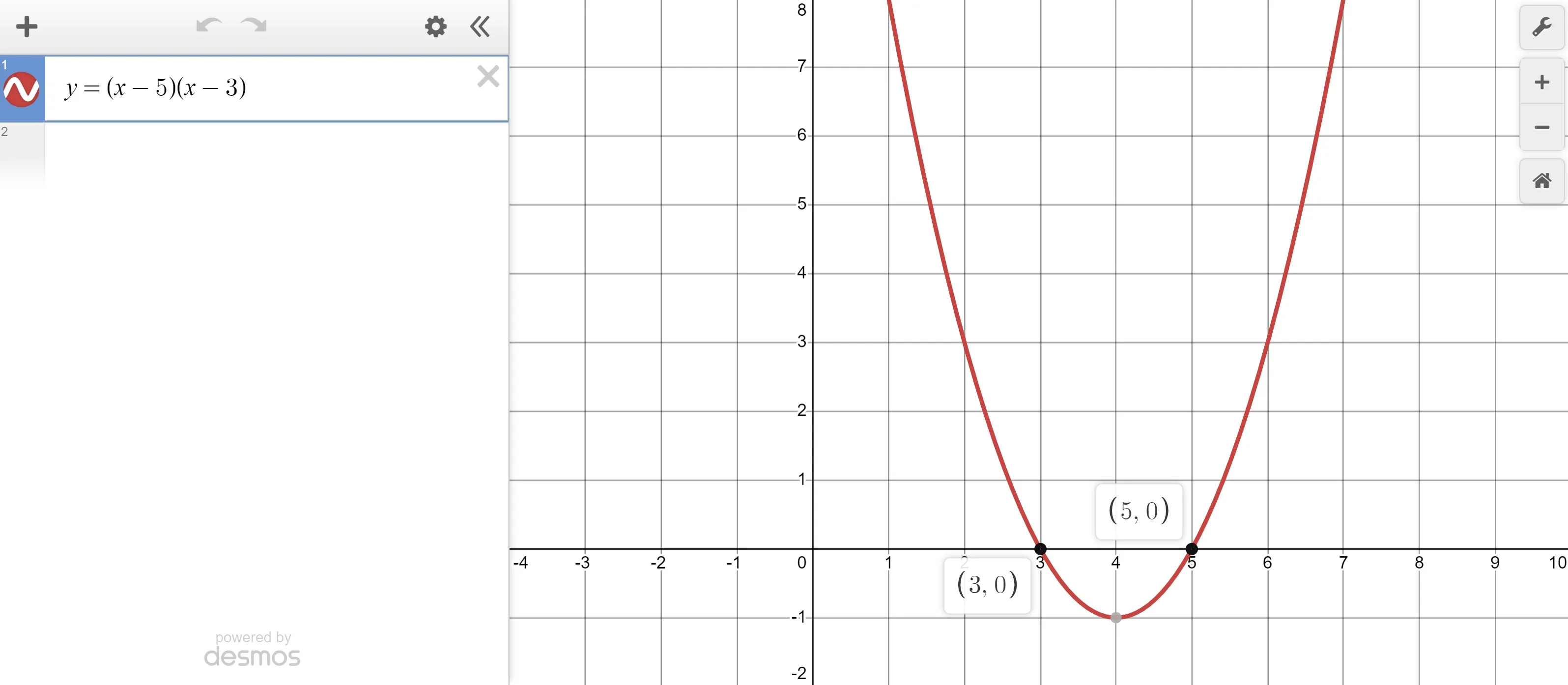The parabola opens up and has a vertex at the point (4, negative 1) the x-intercepts are (3, 0) and (5, 0).
