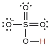 Lewis structure of the bisulfate ion (HSO4-), showing sulfur double-bonded to two oxygens, single-bonded to a negatively charged oxygen, and single-bonded to a hydroxyl group.