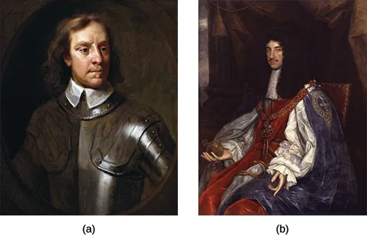 Painting (a) is a portrait of Oliver Cromwell. Painting (b) is a portrait of King Charles II.