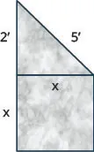 This figure shows a marble sculpture in the form of a square with a right triangle resting on top of it. The sides of the square are x inches long, the legs of the triangle are x and two inches long, and the hypotenuse of the triangle is five inches long.