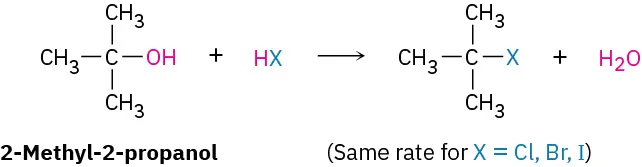 A reaction between 2-methyl-2-propanol and hydrogen halide (H-X) forms t-butyl halide and water. Text reads same rate for X equals Cl, Br, I.