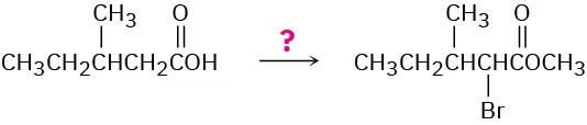 3-methyl pentanoic acid reacts with unknown reagent represented by question mark to form six-carbon chain with carbonyl group at C 2, bromine at C 3, and methyl at C 4.