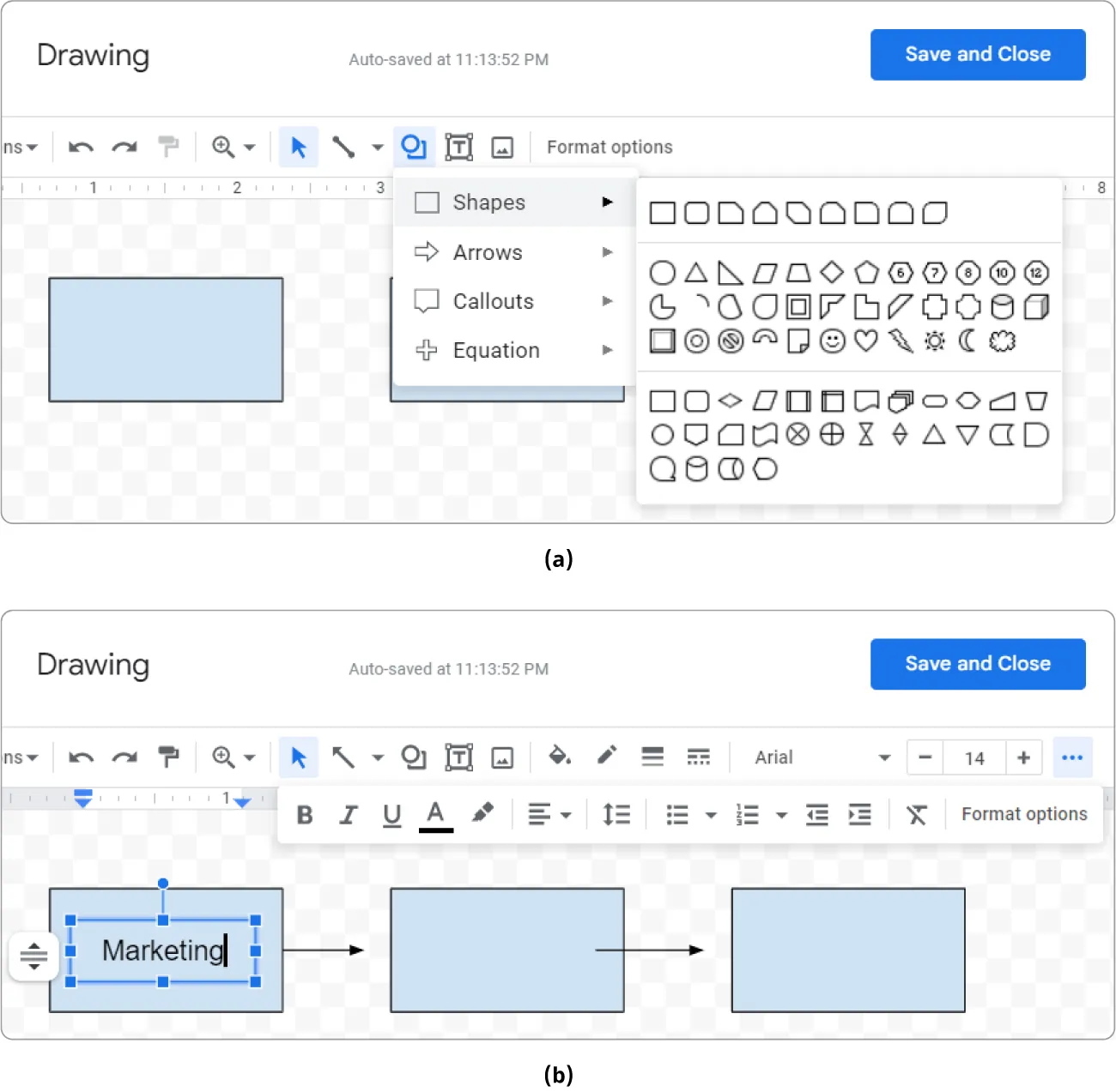 (a) Shapes is selected on Drawing pane and opens various selectable shapes. (b) Drawing pane displays three blue boxes connected by black lines. A Text box is inserted in the first box.