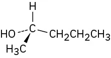 A central carbon atom is single bonded to hydrogen and a propyl group, wedge bonded to a methyl group, and dash bonded to a hydroxyl group (clockwise).
