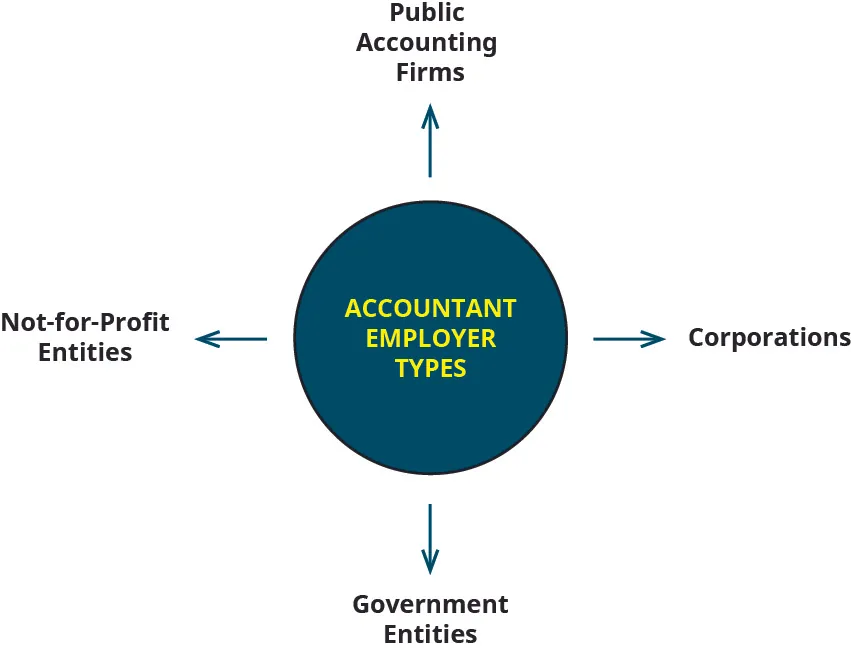 A diagram has a center circle labeled “Accountant Employer Types” and identifies four types: public accounting firms, corporations, government entities, and not-for-profit entities.