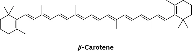 The structure of beta-carotene. It consists of a long hydrocarbon chain comprising alternating single and double bonds. Both the ends have cyclohexene with methyl groups.