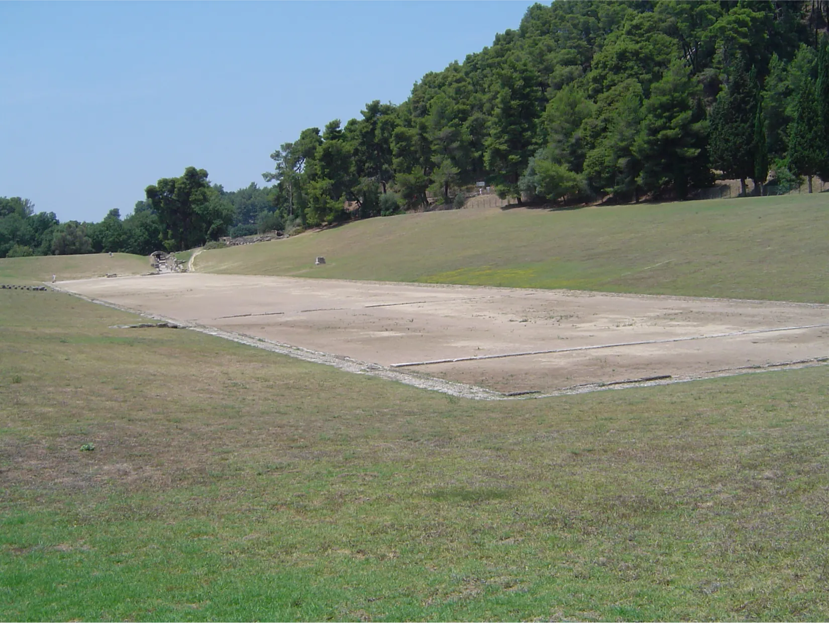 An image of a rectangle section of clay in the middle of a field of green and brown grass is shown. Green trees line the backdrop and a blue sky is seen in the top left section of the image.