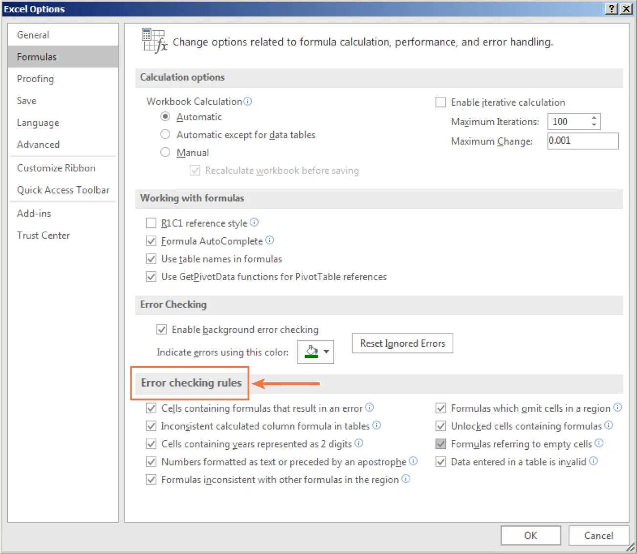 Formulas is selected in Excel Options window. Error checking rules options are visible and checked.