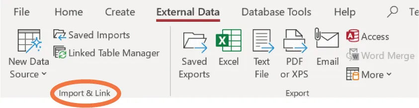 External Data tab is selected and Import & Link command group offers these options: New Data Source, Saved Imports, and Linked Table Manager.