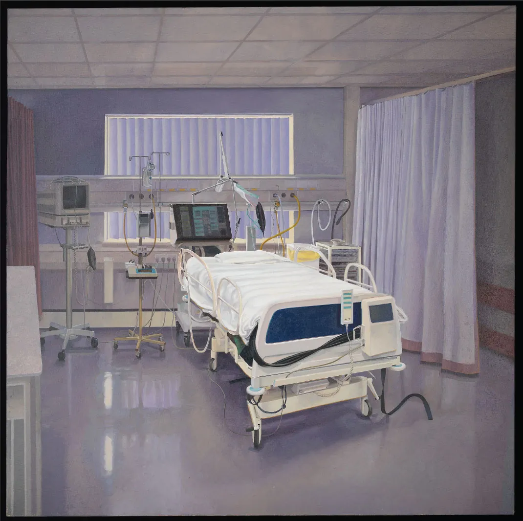 An oil painting of a patient's room in an ICU. It shows a medical bed, various types of monitoring devices, and curtains on both sides.