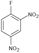 In a benzene ring, C 1 is bonded to a fluorine atom and C2 and C4 are each bonded to a nitro group.