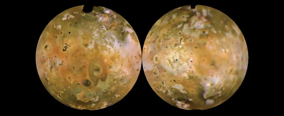 Two images of front and back comparison of the moon Io, showing that it is volcanically active.