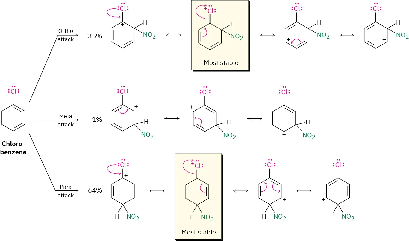 Chlorobenzene undergoes nitration to form 35 percent ortho, 1 percent meta, and 64 percent para substituted intermediates. The resonance structures of intermediates are depicted.