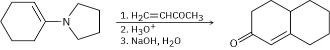 Three-step reaction of 1-cyclohexenylpyrrolidine to produce a bicyclo[4.4.0]decane with C 1 double bond, C 3 oxo. Reaction are 3-buten-2-one, then hydronium, then sodium hydroxide and water.