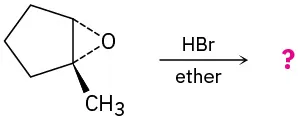1,2-Epoxy-2-methylcyclohexane reacts with hydrogen bromide in the presence of ether to form an unknown product(s), depicted with a question mark.